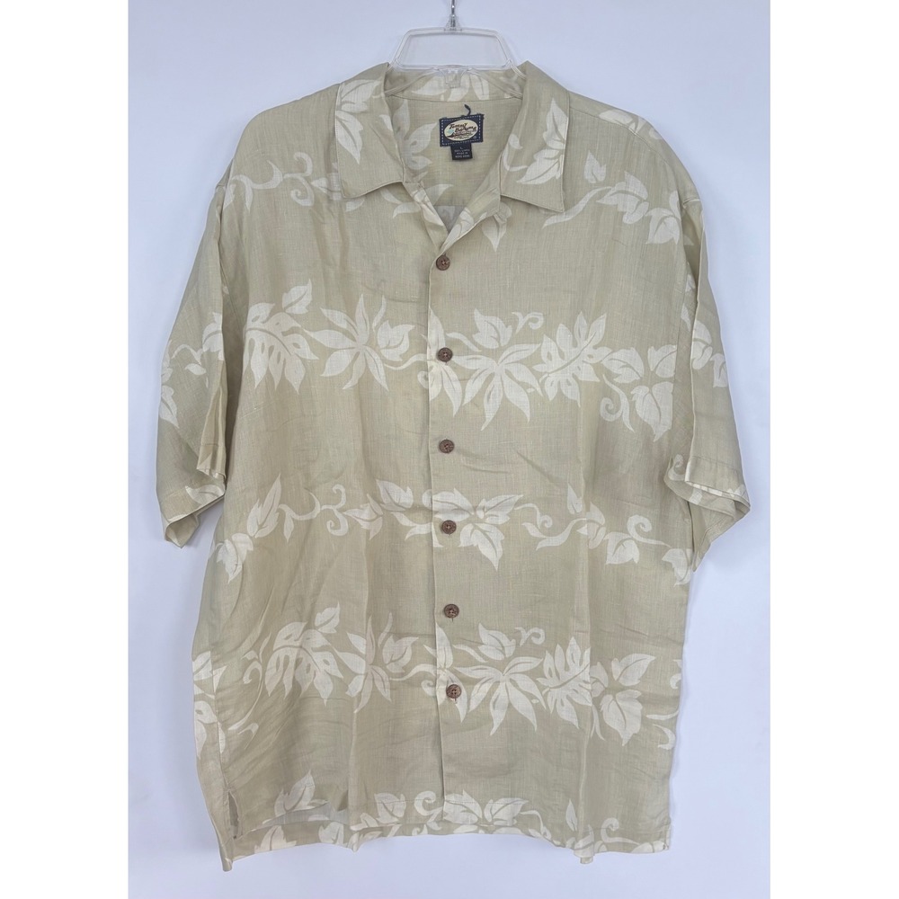 Tommy Bahama Mens XL Silk Shirt Tan Floral Leaf Print Short Sleeve Button Down